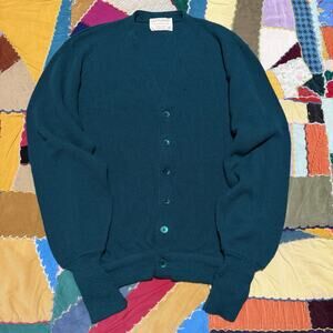 Vintage 70s Jeff Links Turquoise 100% Dupont Orlon Cardigan Sweater Medium